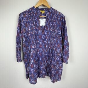 NWT Roberta Roller Rabbit Irina Top M Blue Rust Cotton Boho Pintuck Beaded Trim